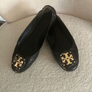 Tory Burch Black Flats with Gold Emblem
